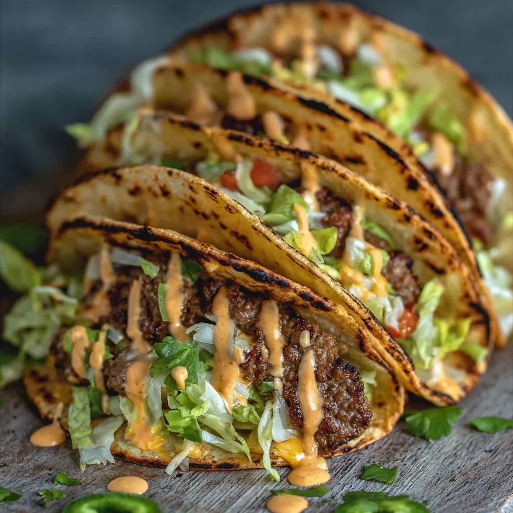 A close-up shot showcases the delicious layers of a Big Mac-Style Smash Burger Tacos, revealing the ground beef, special sauce, lettuce, cheese, pickles, and sesame seed tortilla.