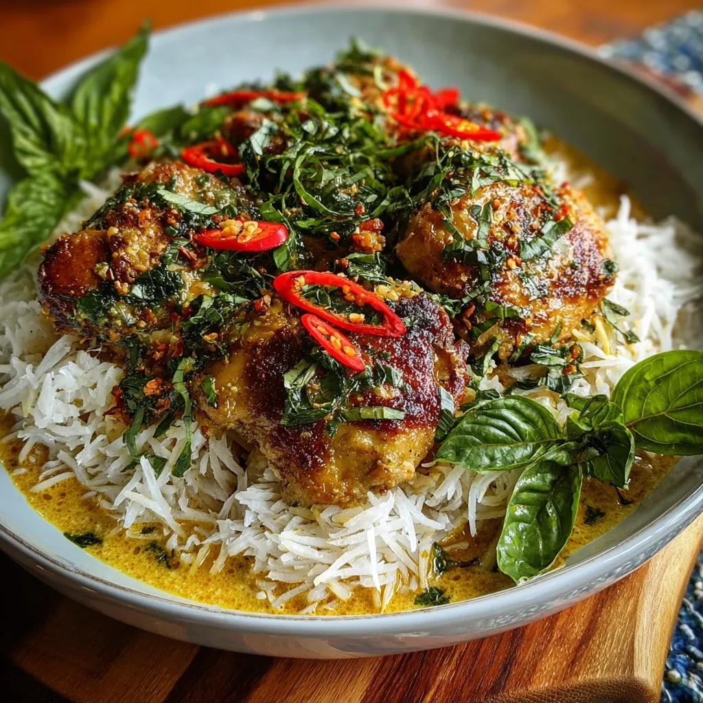 Close-up showing the delicious creamy texture of Coconut Basil Chicken.