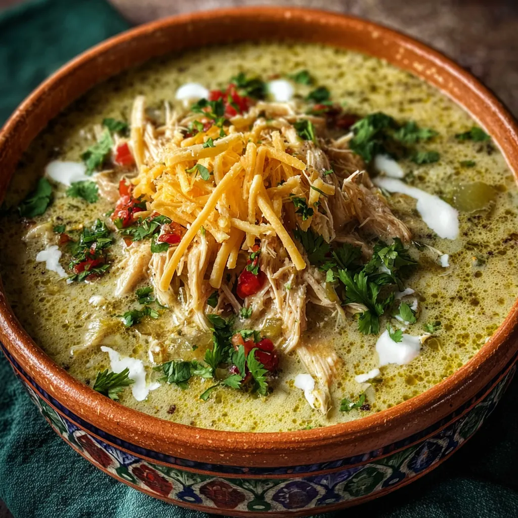 Close-up of a bowl of Green Enchiladas Chicken Soup showcasing the creamy broth, shredded chicken, and melted cheese.
