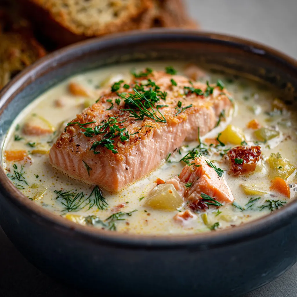 A creamy Salmon Chowder is served in a white bowl, showcasing its rich texture and colorful ingredients.