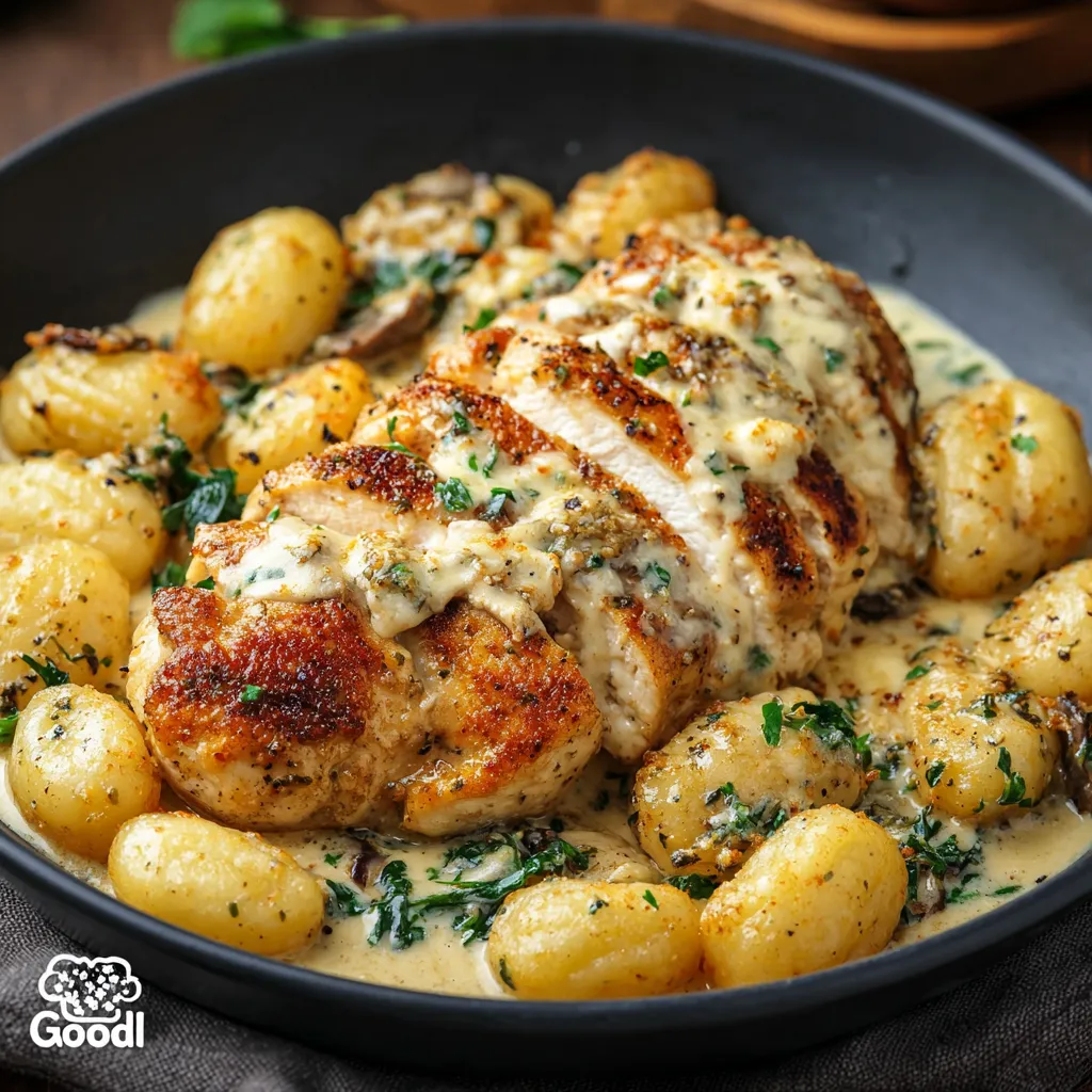 Close-up shot of creamy Asiago Chicken and Gnocchi served in a bowl, showcasing its rich texture and flavorful ingredients.
