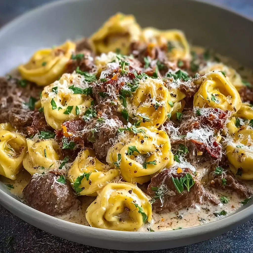 Close-up shot showcasing a serving of delicious Beef & Parmesan Tortellini.