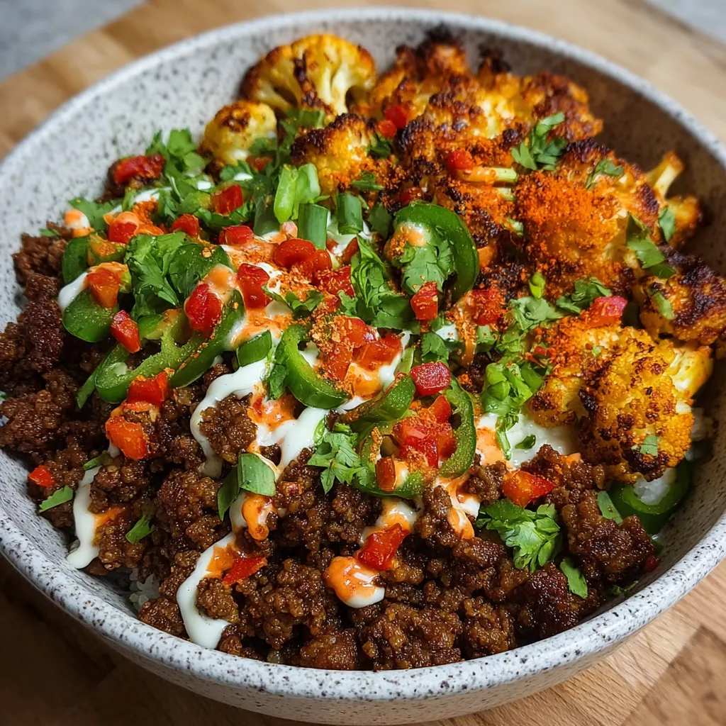 Close-up shot showcasing the delicious ingredients in Beef Cauliflower Protein Bowls.