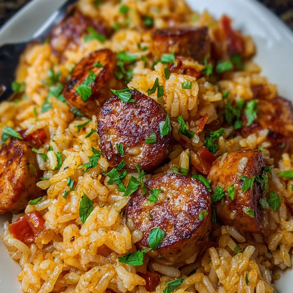 Close-up of a delicious plate of Cajun Chicken Sausage & Rice, showcasing the vibrant colors and textures of the dish.