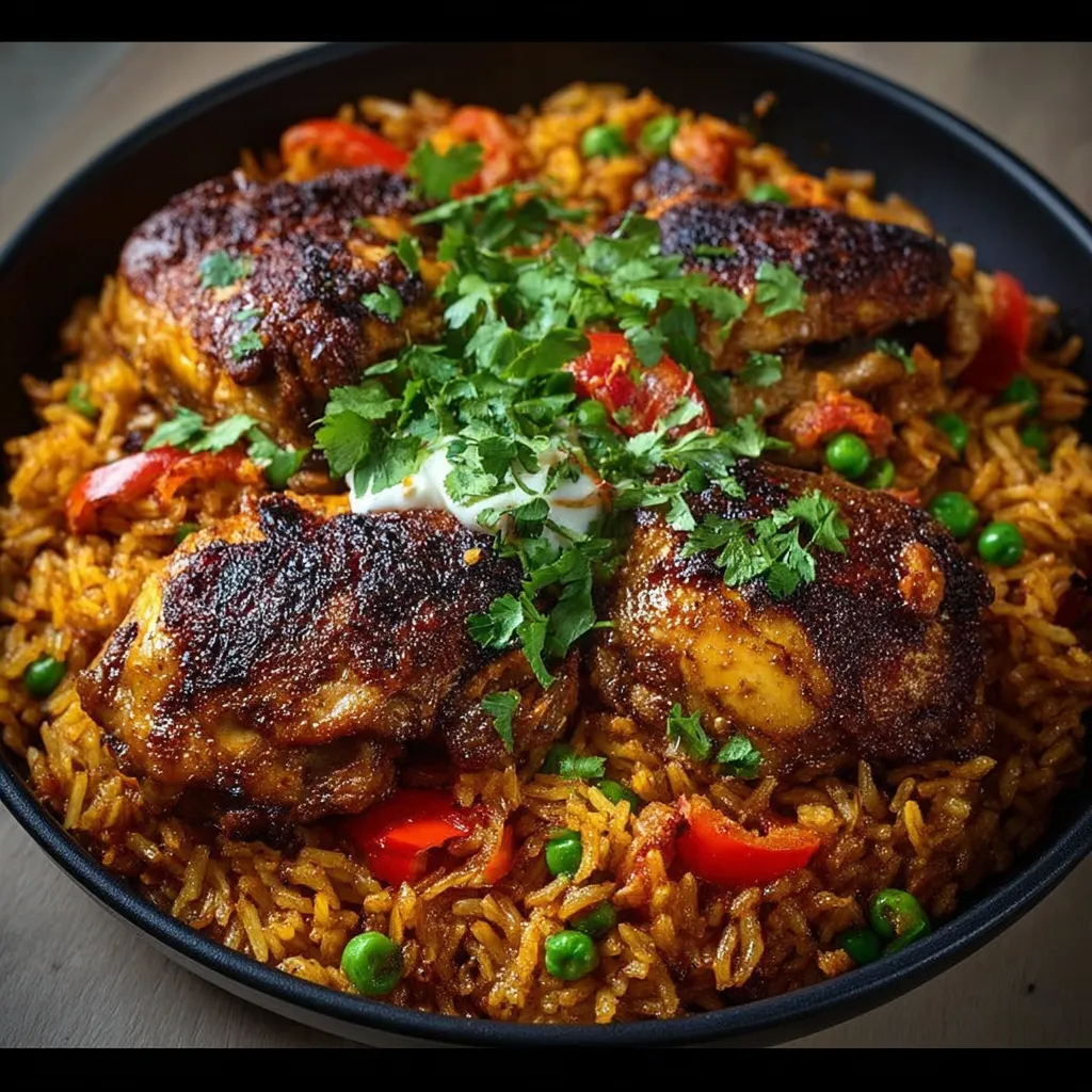 Close-up view of a delicious Caribbean Chicken And Spiced Rice Dinner showcasing the vibrant colors and textures of the dish.