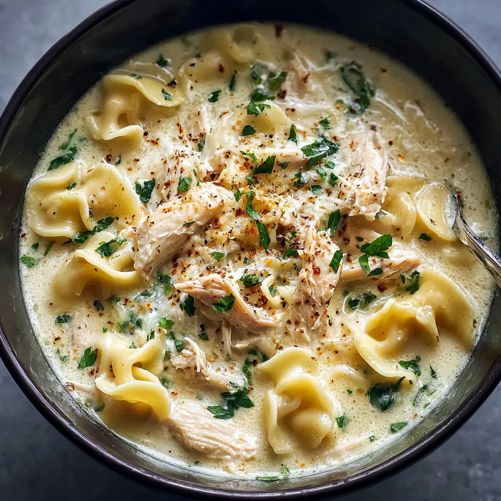 Creamy Chicken Alfredo Soup served in a white bowl, showcasing its rich texture and inviting appearance.