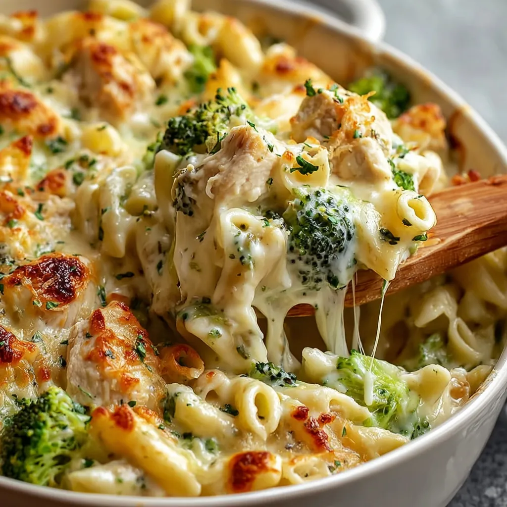 A close-up view of a creamy Chicken And Broccoli Alfredo Bake, showcasing the golden-brown top and cheesy, bubbling sauce.