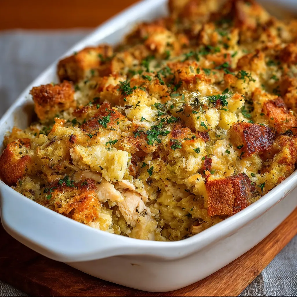Close-up view of a freshly baked Chicken And Stuffing Casserole with golden-brown stuffing and visible chicken pieces.