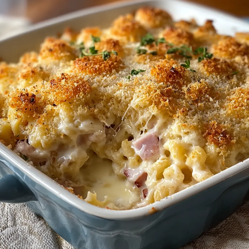 Close-up shot of a freshly baked Chicken Cordon Bleu Casserole, showcasing its golden-brown topping and creamy filling.