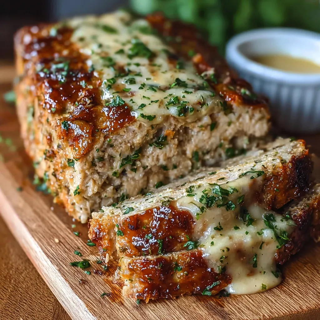 Close-up of a freshly baked Chicken Meatloaf ready to be sliced and served.