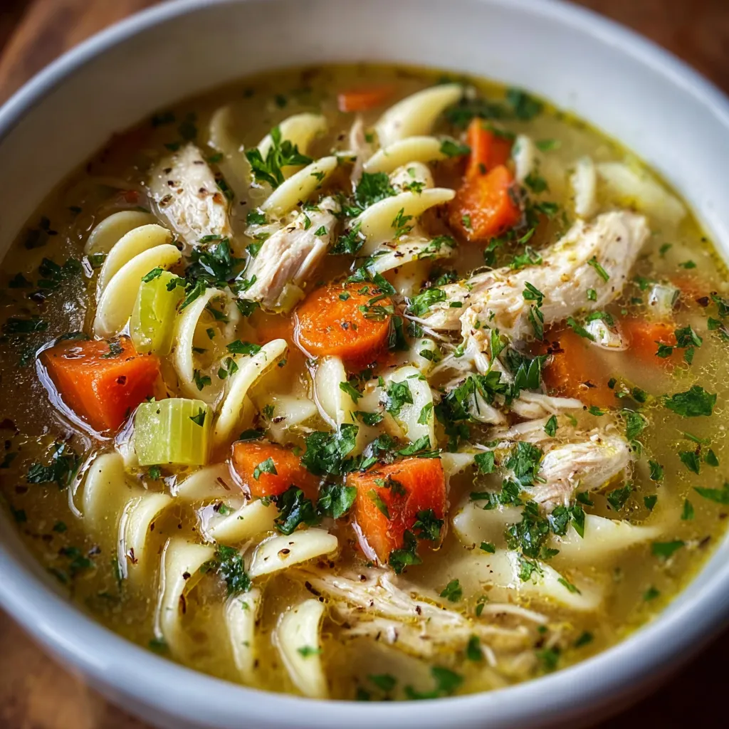 Close-up view of comforting Chicken Noodle Soup, ready to be served.