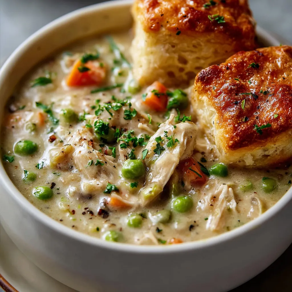Close-up of creamy Chicken Pot Pie Soup in a bowl, showcasing the tender chicken and vegetables.