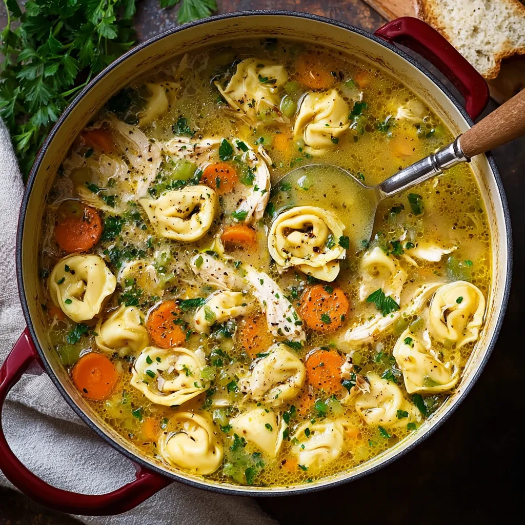 A close-up shot showcases a comforting bowl of Chicken Tortellini Soup, perfect for a cozy meal.