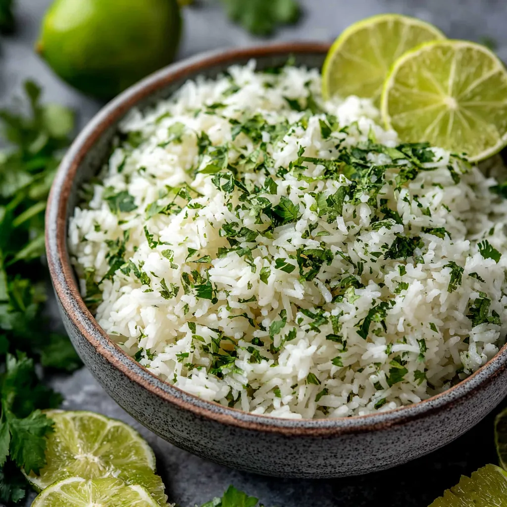 Close-up view of fluffy Cilantro Lime Rice in a bowl, showcasing its vibrant green flecks and inviting texture.