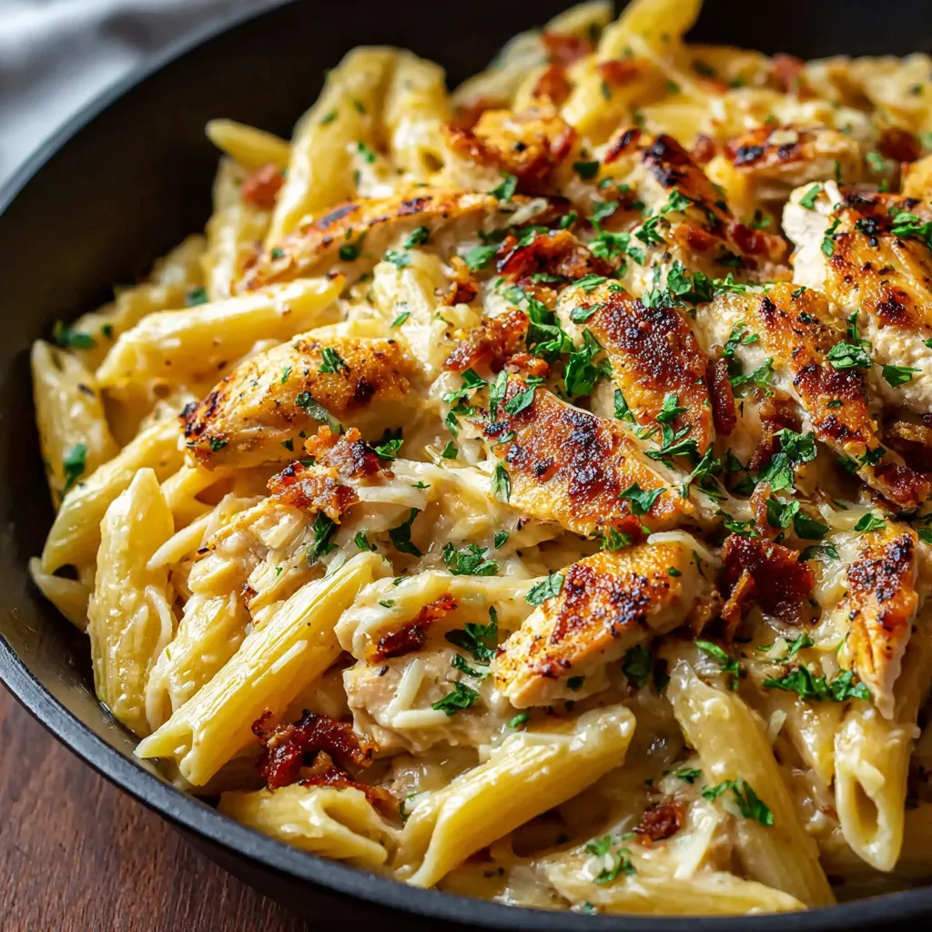 A close-up shot showcases a delicious serving of Crack Chicken Penne, highlighting the creamy sauce and flavorful chicken.