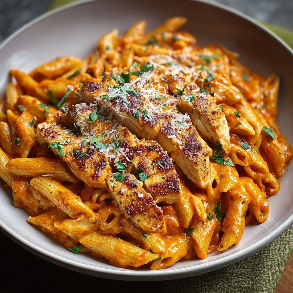 Creamy Penne Alla Vodka with Chicken, served in a bowl, showcasing the delicious sauce and tender chicken pieces.