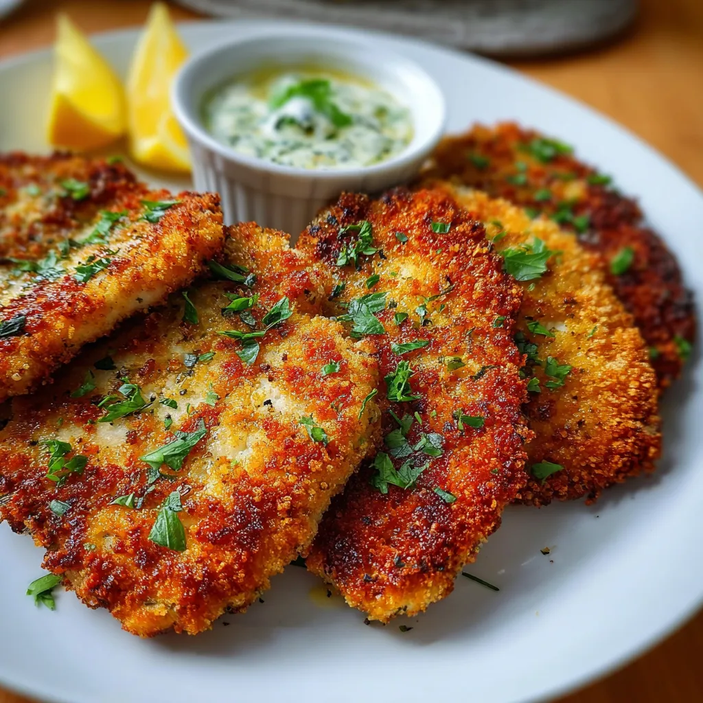 Crispy Breaded Chicken Cutlets Second Look Close-up shows golden brown, freshly cooked Crispy Breaded Chicken Cutlets, ready to be served.