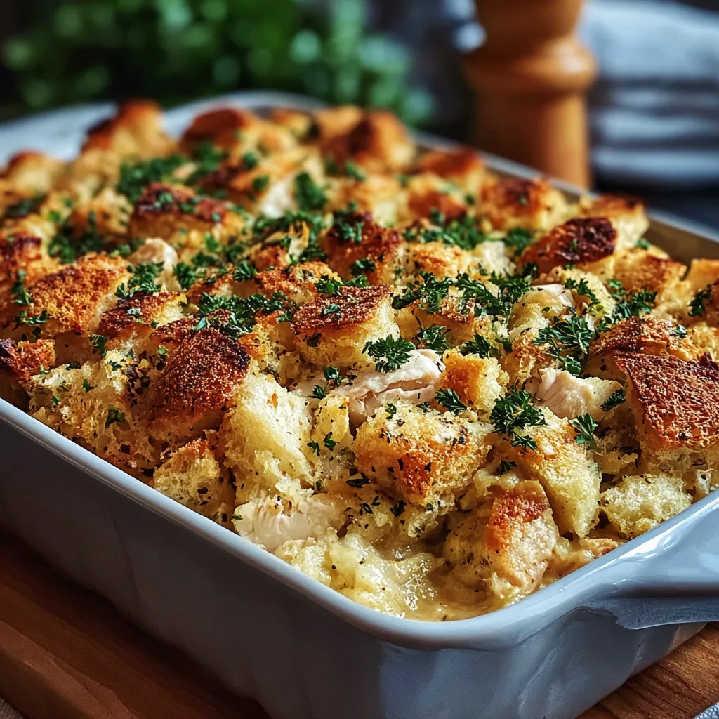 Close-up view of Dolly’s Chicken And Stuffing Casserole Dinner, a comforting and delicious homestyle meal.