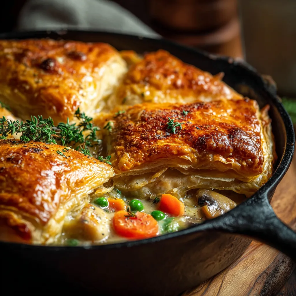 Close-up of a freshly baked Double Crust Chicken Pot Pie, showcasing the golden-brown, flaky top crust.