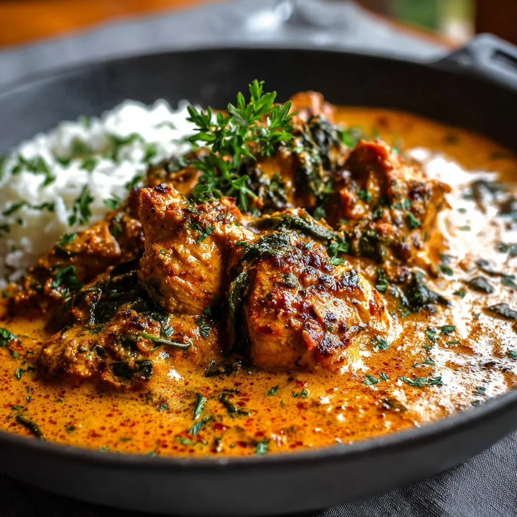 Close-up shot showcasing the vibrant spices and textures of the prepared Ethiopian Berbere Chicken dish.