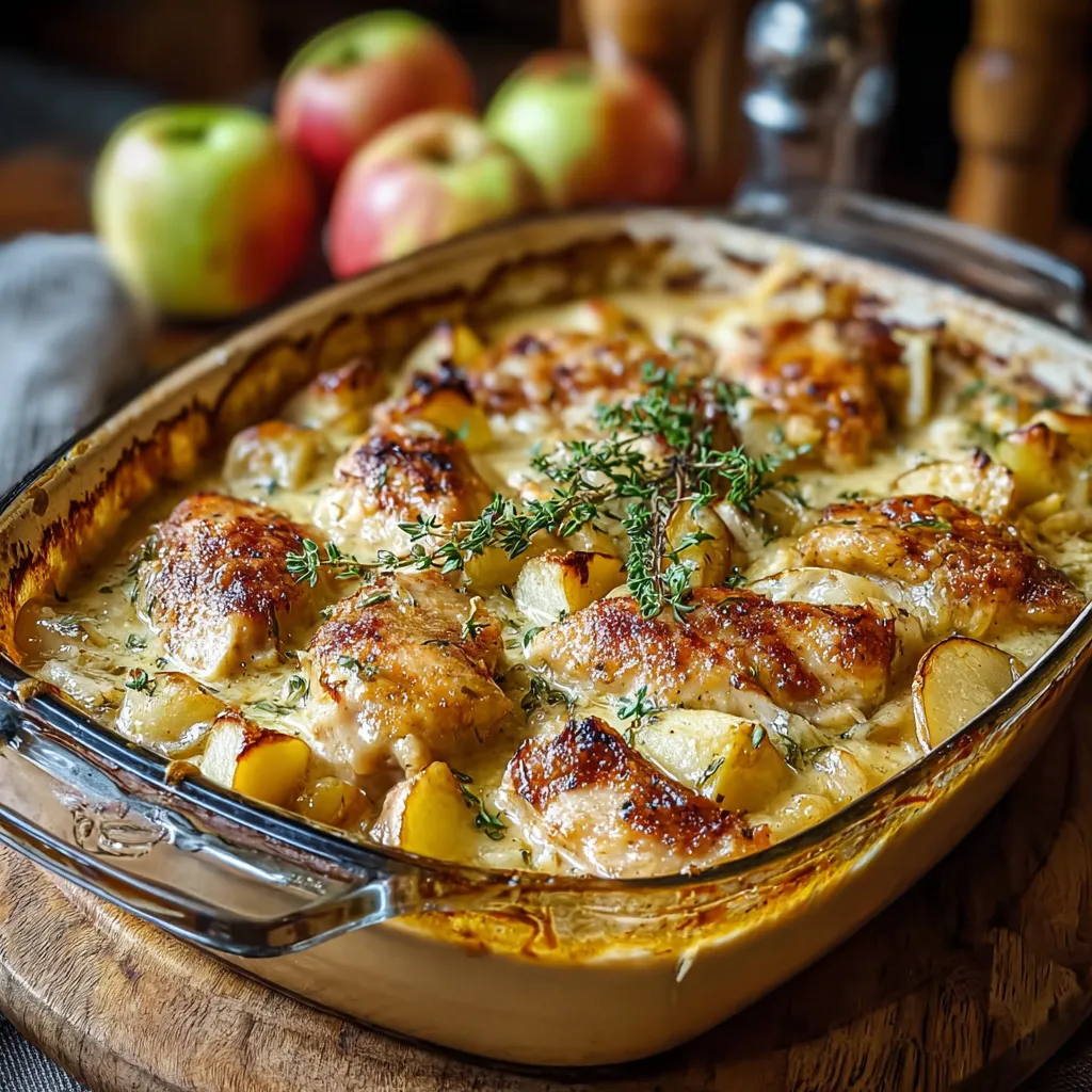 Close-up of a flavorful French Chicken Casserole With Apples, showcasing the tender chicken and caramelized apples.
