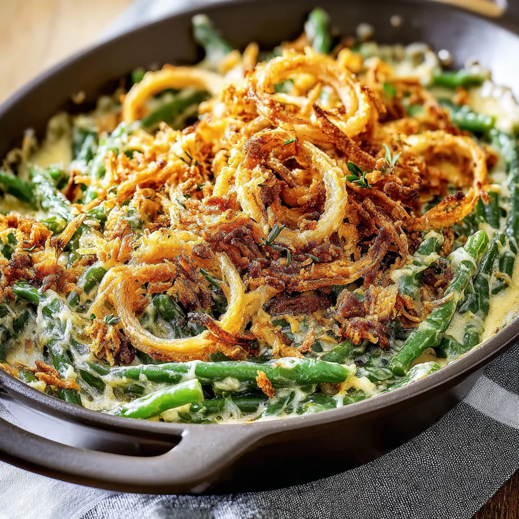 Close-up view of a freshly baked Green Bean Casserole, showcasing its golden-brown topping and creamy texture.