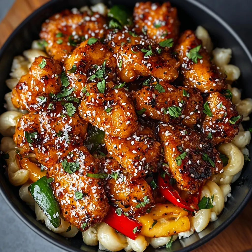 Close-up of flavorful Honey Pepper Chicken, showcasing its glistening glaze and pepper flakes.