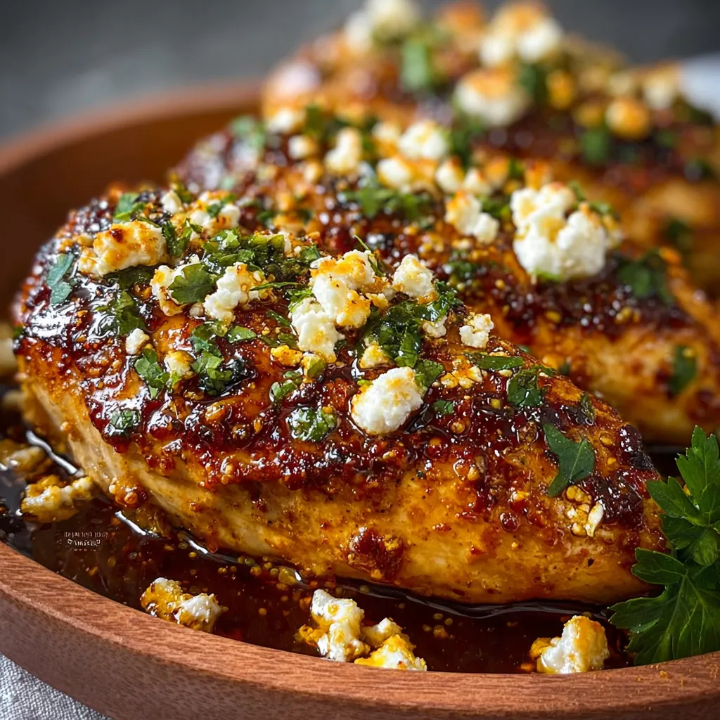 Close-up of freshly baked Hot Honey Feta Chicken, showcasing the melted feta and glistening honey glaze.