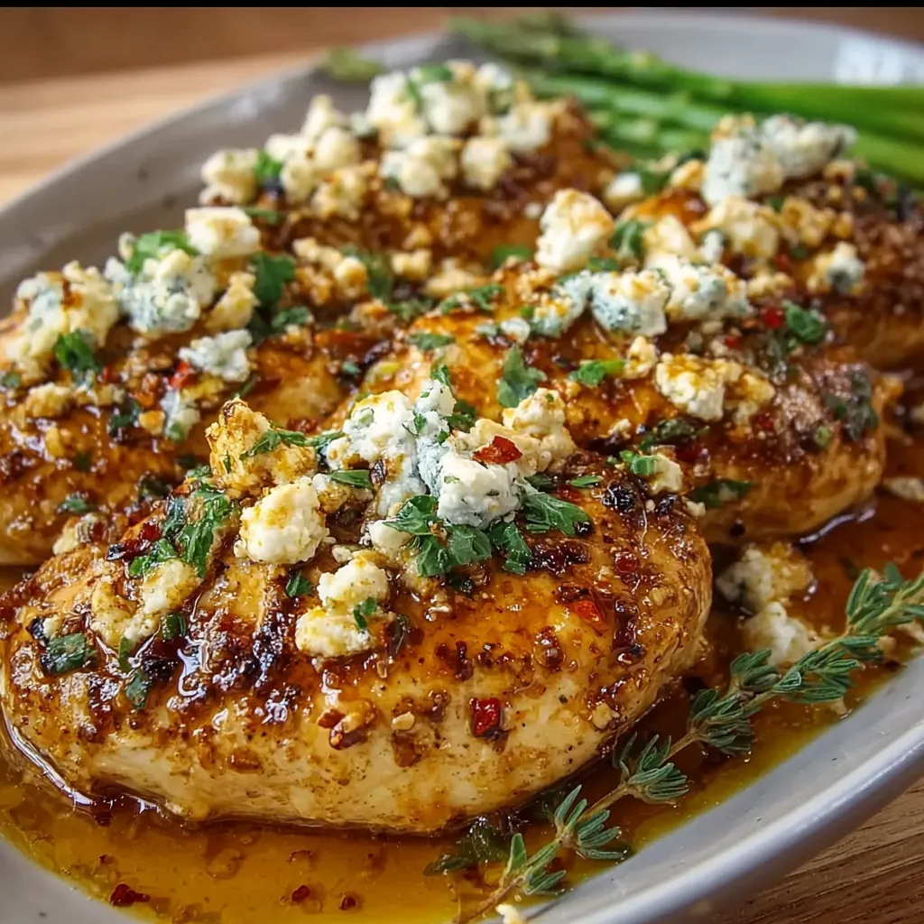 Close-up of a Hot Honey Feta Chicken Dinner showcasing the melted feta and drizzled hot honey.