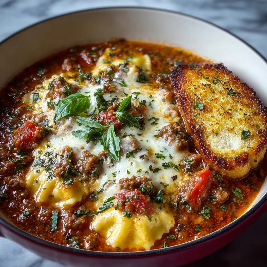 Close-up of a bowl of hearty Lasagna Soup, showcasing the layers of pasta, rich tomato broth, and melted cheese.