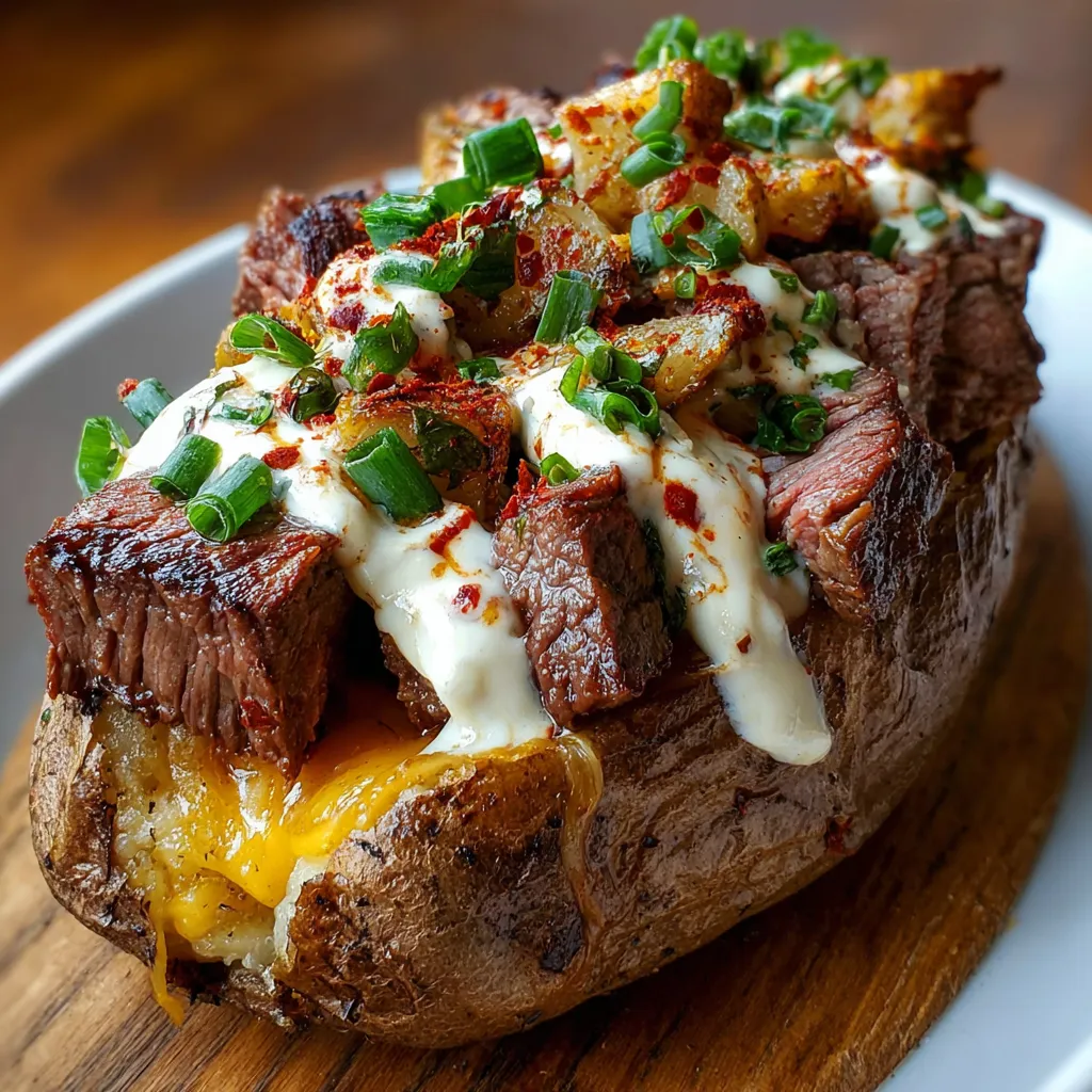 Another view of a delicious Loaded Steak Potato, showcasing its toppings and presentation.