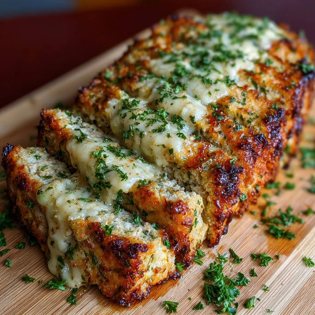 Close-up view of a baked Parmesan Chicken Meatloaf, showcasing its golden-brown crust and juicy interior.