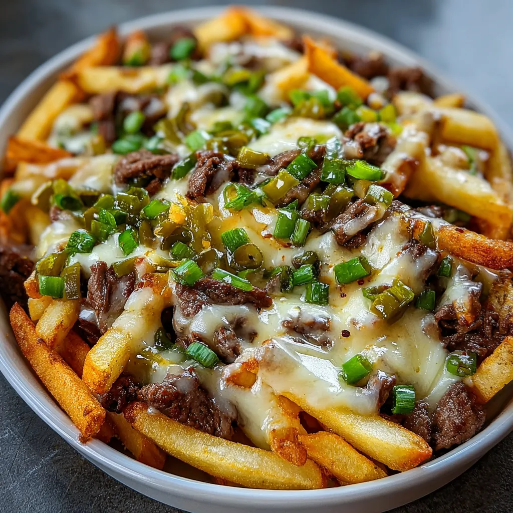 Philly Cheese Fries Delicious Closeup Close-up of loaded Philly Steak Cheese Fries, a tempting side dish or appetizer.
