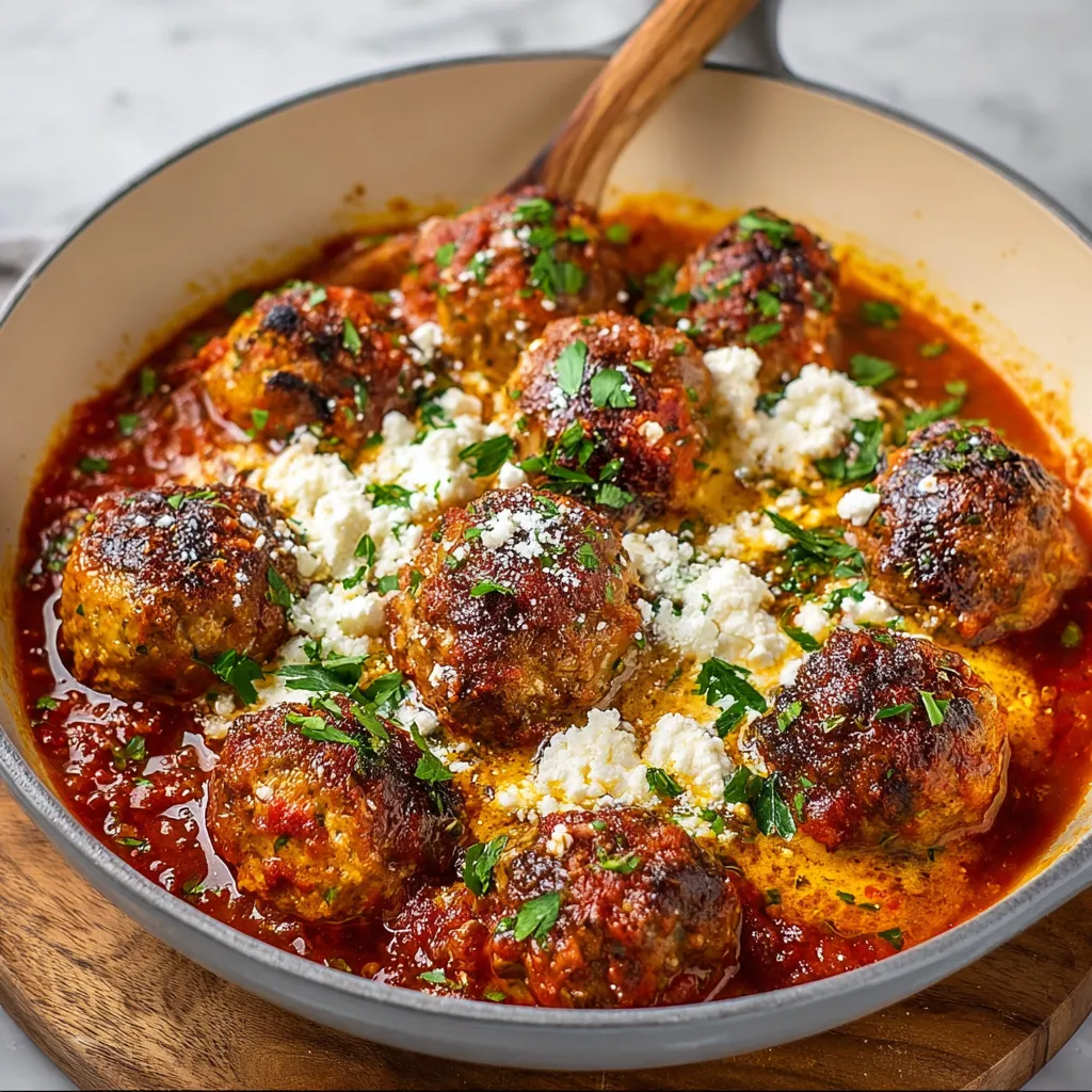 Close-up of juicy Ricotta Meatballs simmering in a rich tomato sauce, ready to be served.