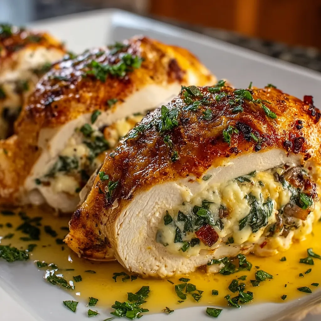 A close-up shot showcases a perfectly plated serving of Ruth's Chris Stuffed Chicken, highlighting its golden-brown crust and creamy filling.