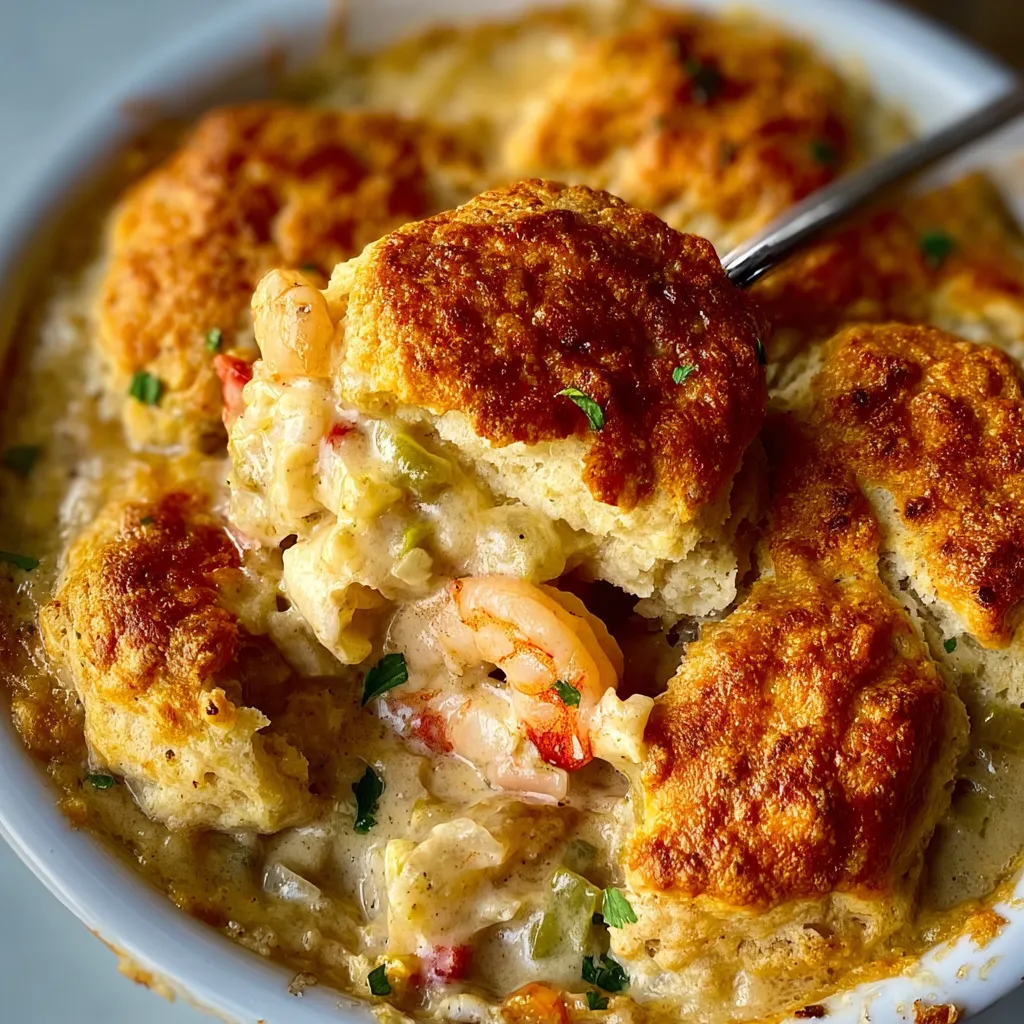 Close-up of a Shrimp Lobster Cheddar Bay Biscuit Pot Pie, showcasing the flaky biscuit topping and creamy seafood filling.