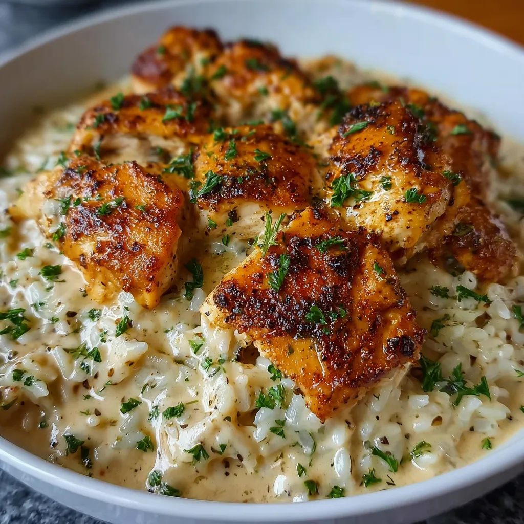 Close-up of creamy, delicious Smothered Chicken And Rice, ready to be served.