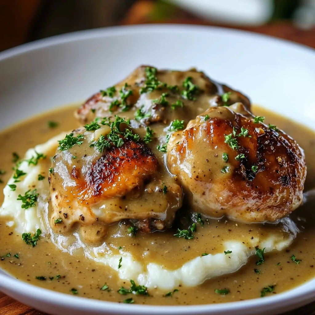 Close-up shows delicious, browned Smothered Chicken Thighs simmering in a creamy gravy.