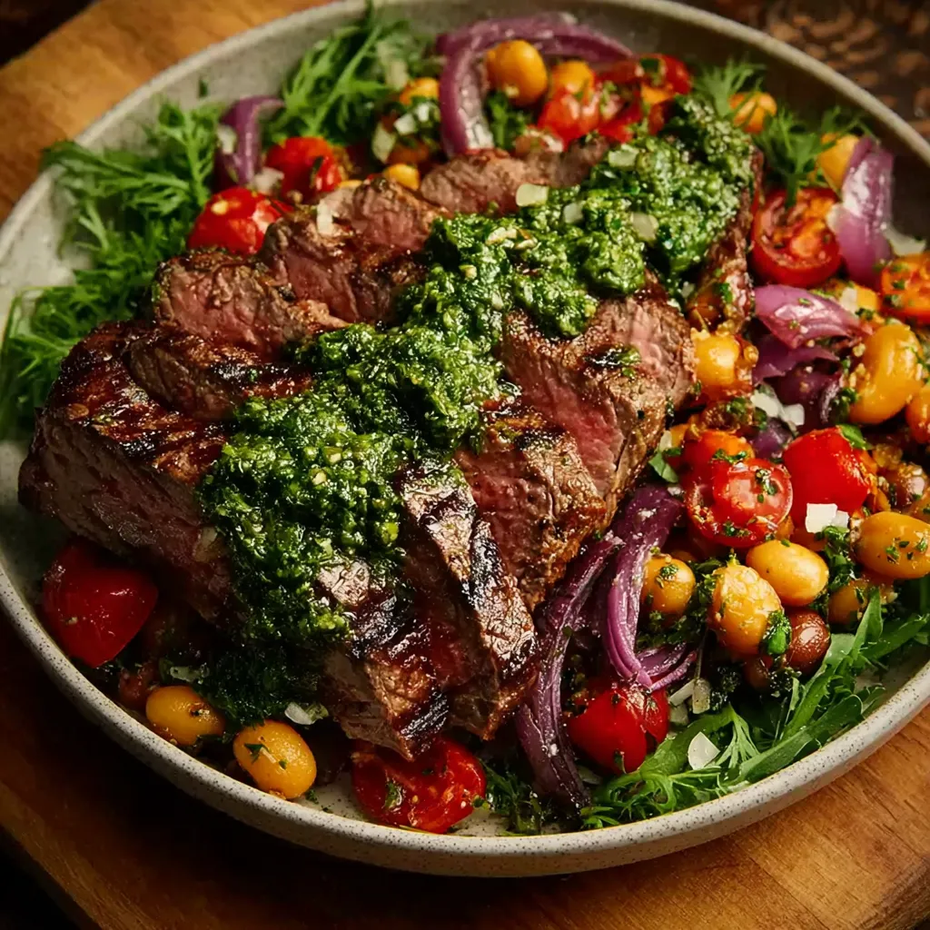 Delicious Steak Chimichurri, featuring perfectly grilled steak topped with vibrant green chimichurri sauce.