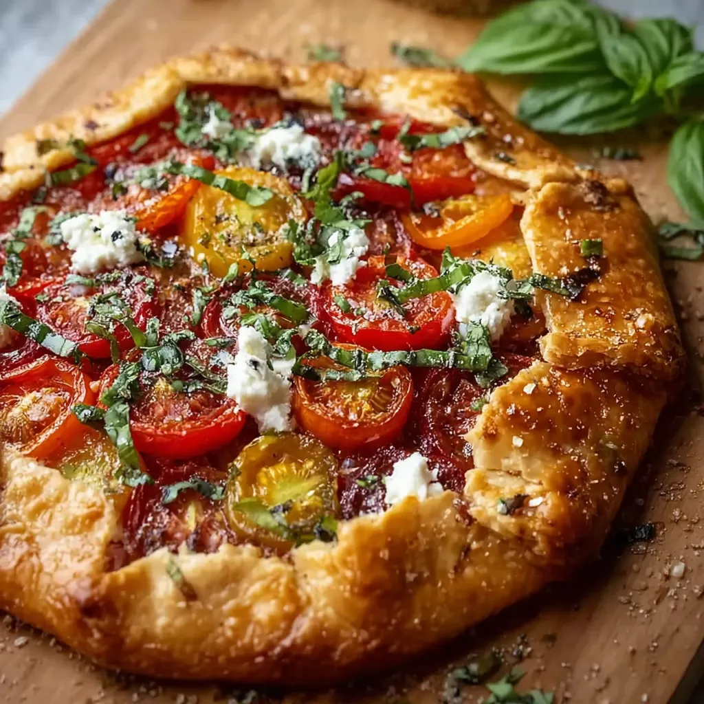 Close-up showing the flaky crust and vibrant filling of a freshly baked Tomato Basil Galette.