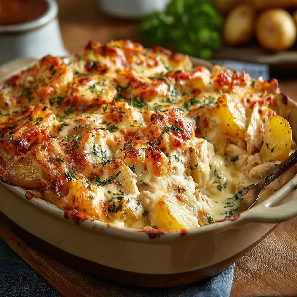 Close-up showing a delicious serving of the freshly baked Cheesy Chicken and Potato Bake, highlighting the melted cheese and tender chicken.