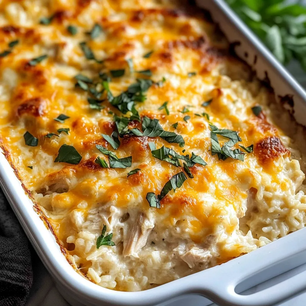 A close-up shot showcases a freshly baked Cheesy Chicken And Rice Casserole, revealing its golden-brown top and creamy interior.