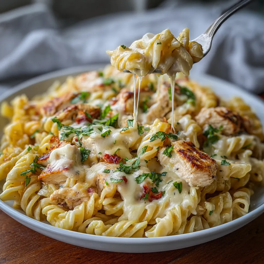 A close-up shot showcasing the creamy texture and cheesy topping of the Cheesy Chicken Pasta dish.