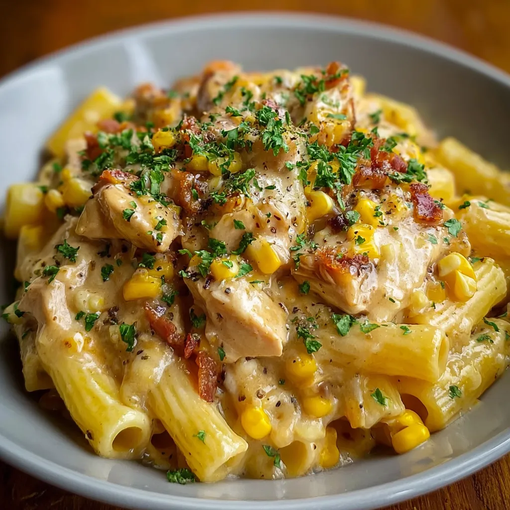 A close-up shot showcasing the creamy texture and delicious ingredients of the Chicken Corn Pasta dish.