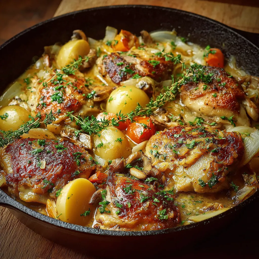 A close-up view showcases the creamy sauce and tender chicken pieces of delicious Chicken Normandy.