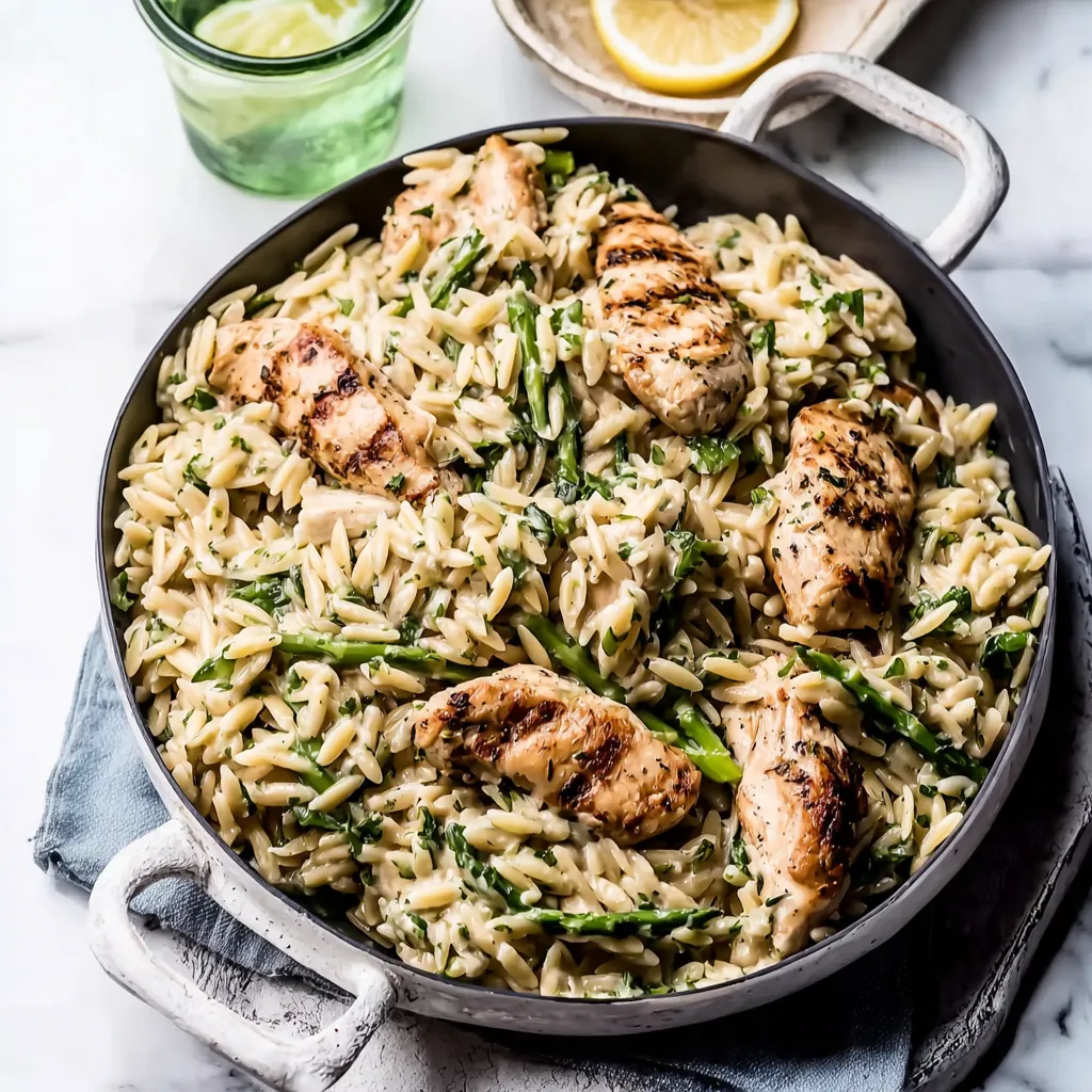 A close-up shot showcasing the vibrant colors and textures of a delicious Chicken Orzo Dinner.