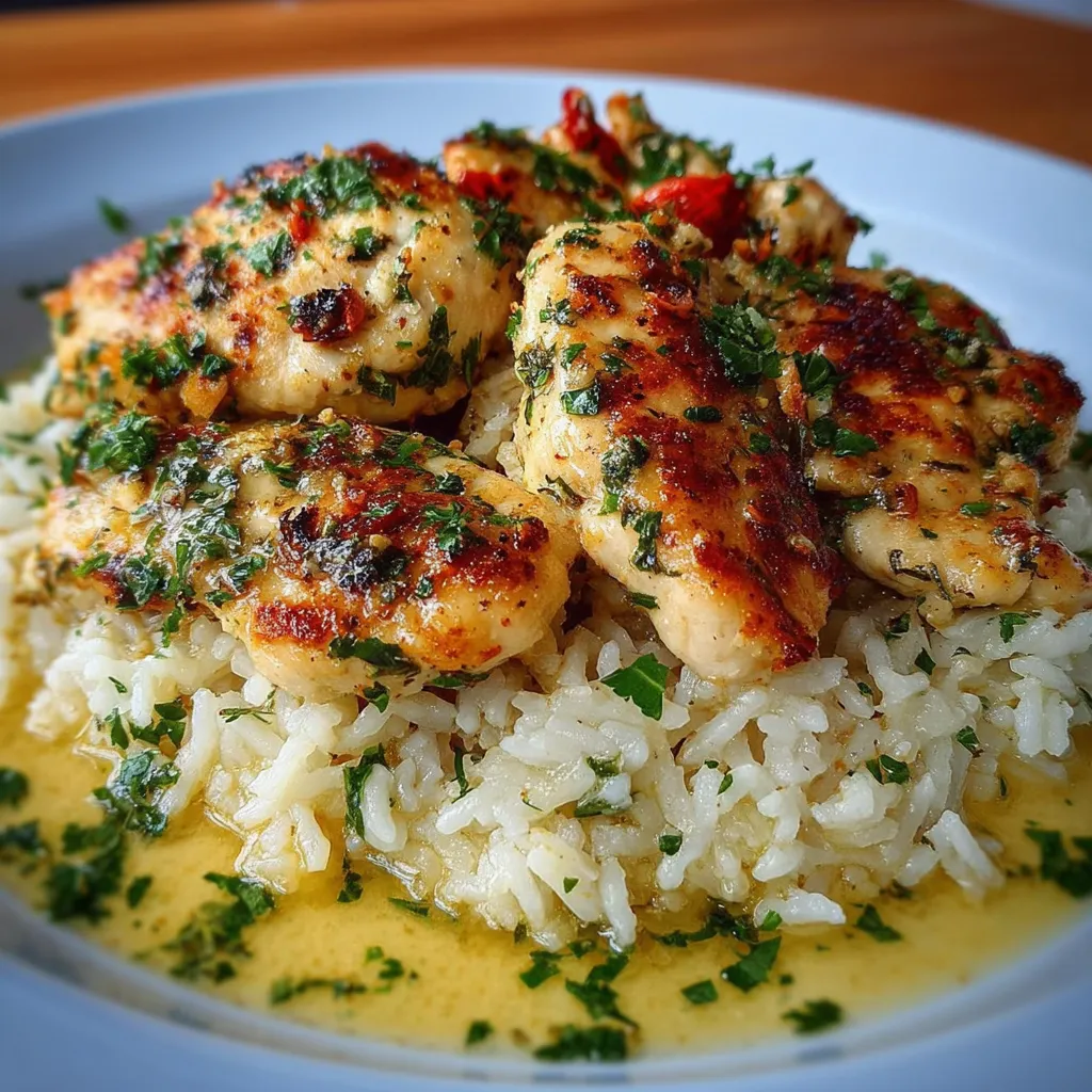 Close-up of delicious Chicken Scampi With Garlic Parmesan Rice, showcasing the creamy sauce and tender chicken.