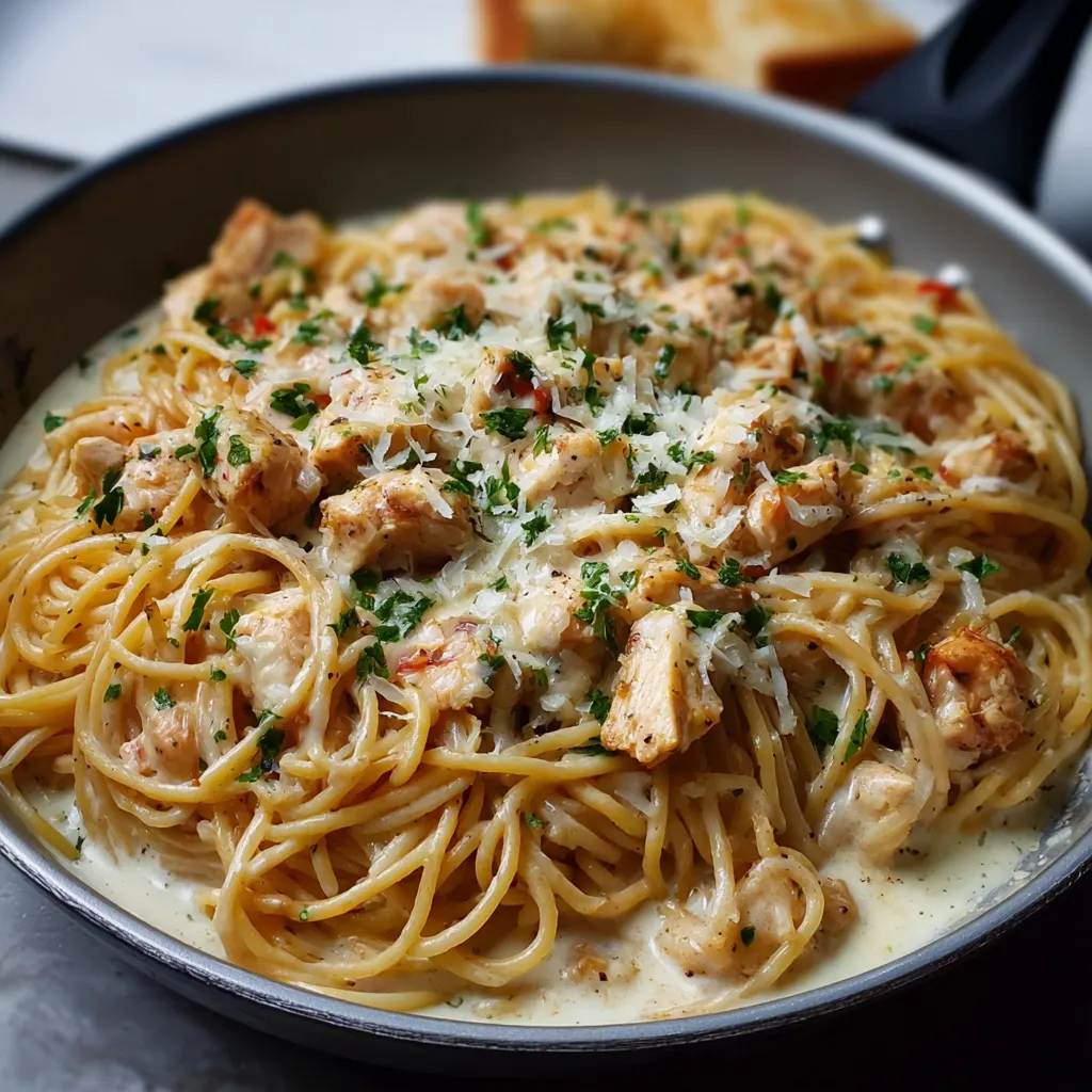 Chicken Spaghetti Recipe Close-Up Close-up shot of creamy Chicken Spaghetti in a baking dish, ready to be served.
