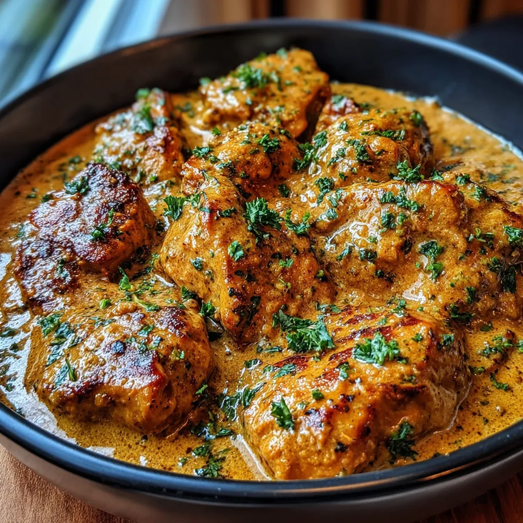 Close-up view of juicy Cowboy Butter Chicken drizzled with herbed butter sauce, showcasing its delicious texture.