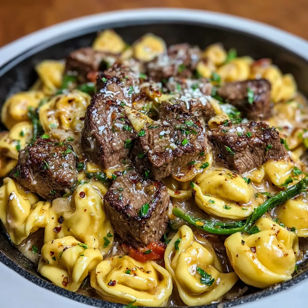Close-up shot showcasing delicious Cowboy Butter Tortellini Steak Bites, highlighting the creamy sauce and perfectly cooked steak.